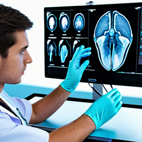 **Prompt:** A futuristic medical training simulation. A young doctor wears a haptic glove while performing a virtual surgery. Holographic displays show vital signs and anatomical details. Focus on the doctor's intense concentration and the advanced technology surrounding them.