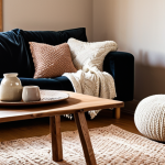 **

A cozy living room scene. A plush velvet couch with a soft, textured throw blanket and smooth ceramic vases on a rustic wooden coffee table. Woven rug on the floor. Warm lighting, creating a relaxing and inviting atmosphere.

**