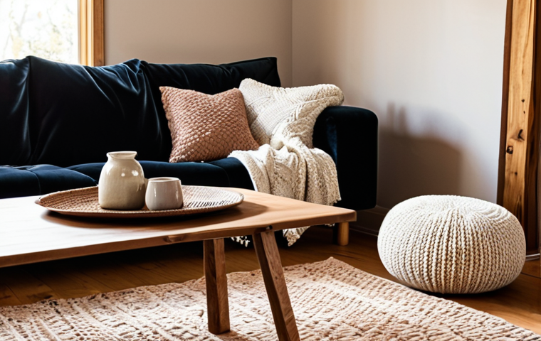 **
A cozy living room scene. A plush velvet couch with a soft, textured throw blanket and smooth ceramic vases on a rustic wooden coffee table. Woven rug on the floor. Warm lighting, creating a relaxing and inviting atmosphere.
**