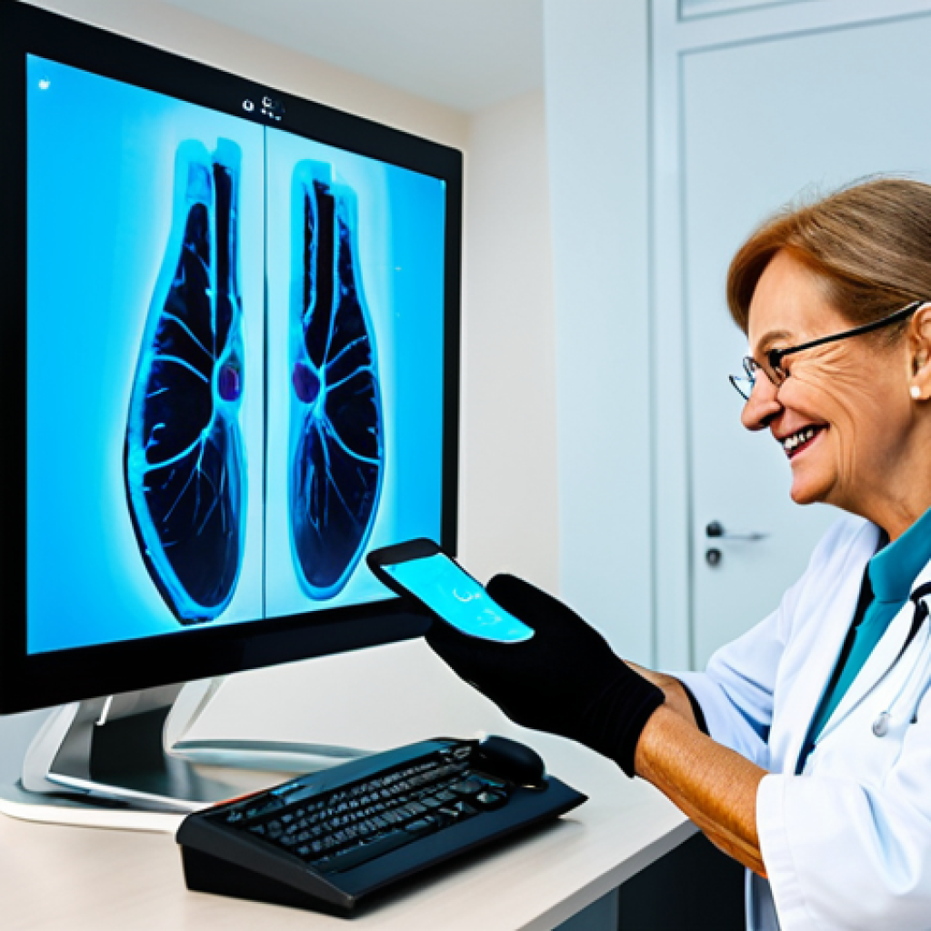 A doctor in a modern, well-lit clinic, providing a remote consultation via a holographic display with haptic feedback gloves. The patient is an elderly woman, smiling warmly. The scene emphasizes connection and care through technology. Fully clothed, appropriate attire, safe for work, professional, perfect anatomy, natural proportions, family-friendly.
