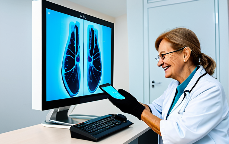 A doctor in a modern, well-lit clinic, providing a remote consultation via a holographic display with haptic feedback gloves. The patient is an elderly woman, smiling warmly. The scene emphasizes connection and care through technology. Fully clothed, appropriate attire, safe for work, professional, perfect anatomy, natural proportions, family-friendly.