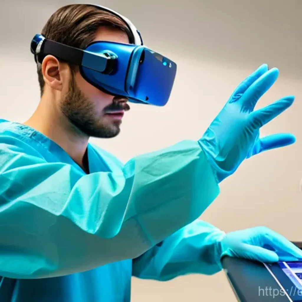 햅틱 기술을 이용한 가상 훈련 - **Prompt:** A focused medical student, wearing a sleek virtual reality headset and advanced haptic g...