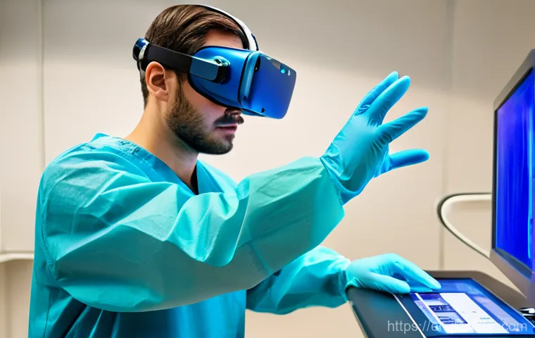 햅틱 기술을 이용한 가상 훈련 - **Prompt:** A focused medical student, wearing a sleek virtual reality headset and advanced haptic g...