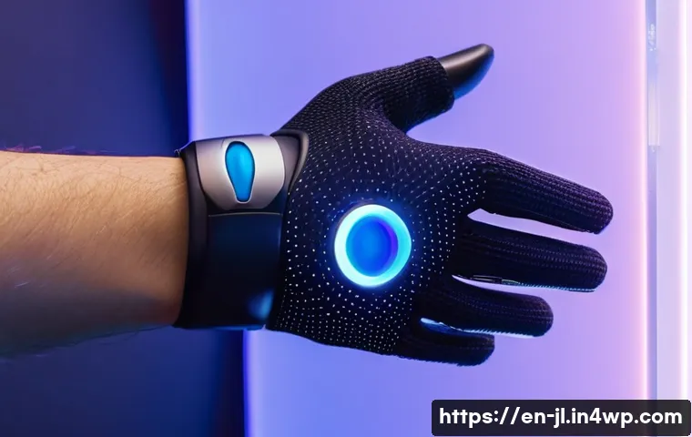 햅틱 기술의 감각적 경험 증대 방법 - A futuristic wearable haptic glove made from flexible electroactive polymers, showcasing soft, shape...