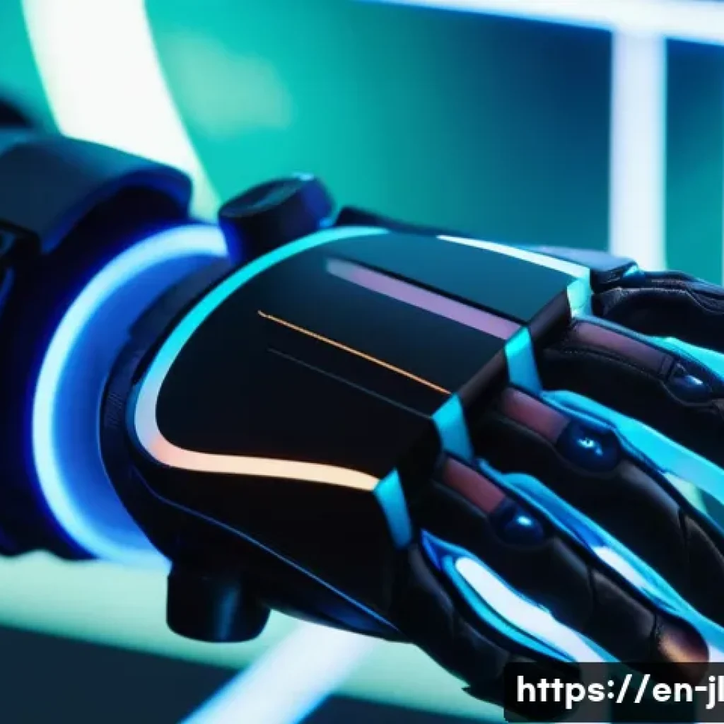 햅틱 인터페이스의 성과 분석 및 평가 - A close-up, hyper-realistic scene of a person’s hand wearing a high-tech VR glove with varied pressu...