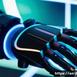 Home 22 햅틱 인터페이스의 성과 분석 및 평가 - A close-up, hyper-realistic scene of a person’s hand wearing a high-tech VR glove with varied pressu...