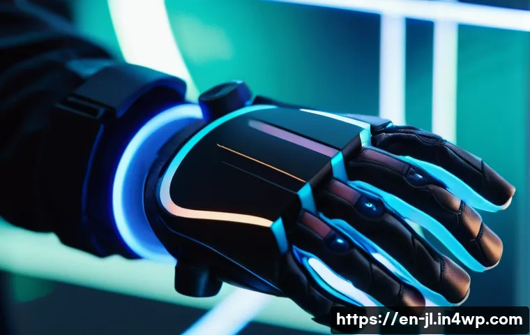 햅틱 인터페이스의 성과 분석 및 평가 - A close-up, hyper-realistic scene of a person&rsquo;s hand wearing a high-tech VR glove with varied pressu...