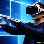 Home 21 햅틱 인터페이스와 사용자 피드백 활용 - A futuristic virtual reality scene featuring a person wearing advanced soft robotic haptic gloves an...