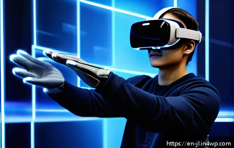 햅틱 인터페이스와 사용자 피드백 활용 - A futuristic virtual reality scene featuring a person wearing advanced soft robotic haptic gloves an...