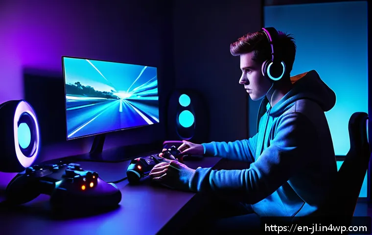 햅틱 피드백을 활용한 게임 디자인 전략 - A futuristic gaming setup featuring a sleek wireless controller with advanced linear resonant actuat...