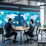 Home 19 햅틱 기술의 윤리적 고려사항 - A futuristic workspace scene showing a diverse group of professionals collaboratively designing ethi...