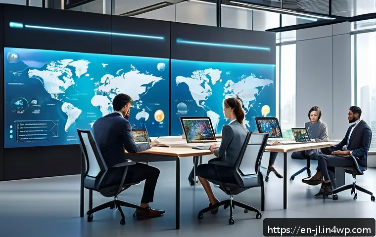 햅틱 기술의 윤리적 고려사항 - A futuristic workspace scene showing a diverse group of professionals collaboratively designing ethi...