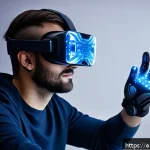 Home 18 햅틱 인터페이스의 기술적 도전 과제 - A futuristic high-tech glove designed for advanced haptic feedback, featuring flexible electroactive...