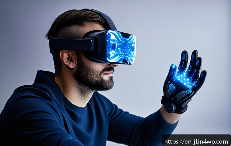 햅틱 인터페이스의 기술적 도전 과제 - A futuristic high-tech glove designed for advanced haptic feedback, featuring flexible electroactive...
