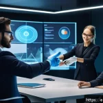 Home 23 햅틱 기술의 적용범위 확장 사례 - A futuristic office setting showing diverse professionals in a virtual meeting, all wearing advanced...