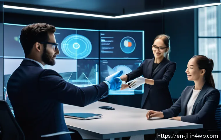 햅틱 기술의 적용범위 확장 사례 - A futuristic office setting showing diverse professionals in a virtual meeting, all wearing advanced...