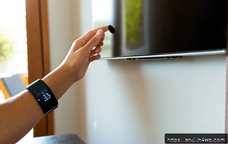 Home 17 햅틱 인터페이스와 웨어러블 기술 - Photorealistic close-up of an adult using a sleek haptic-feedback wristband while adjusting a smart ...